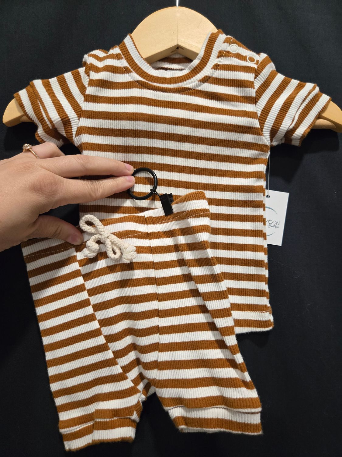 Used 3-6m Mebie Baby Brown Striped 2pc Set