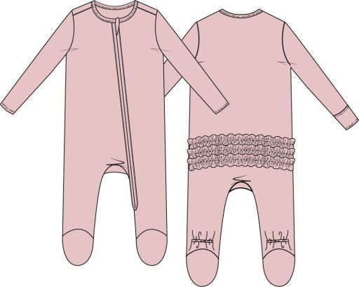 Solid Veiled Pink Rib - 2 Way Ruffle Back Zipper Footie, Size: NB