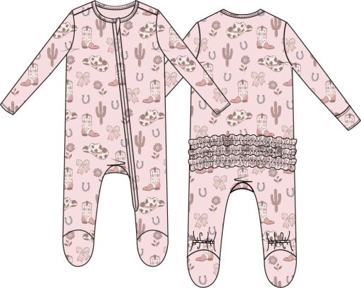 Cowgirl Boots and Bows - 2 Way Ruffle Back Zipper Footie, Size: NB