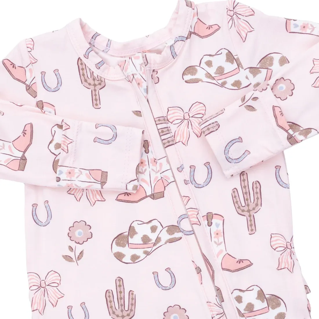 Cowgirl Boots and Bows - 2 Way Ruffle Back Zipper Footie, Size: NB
