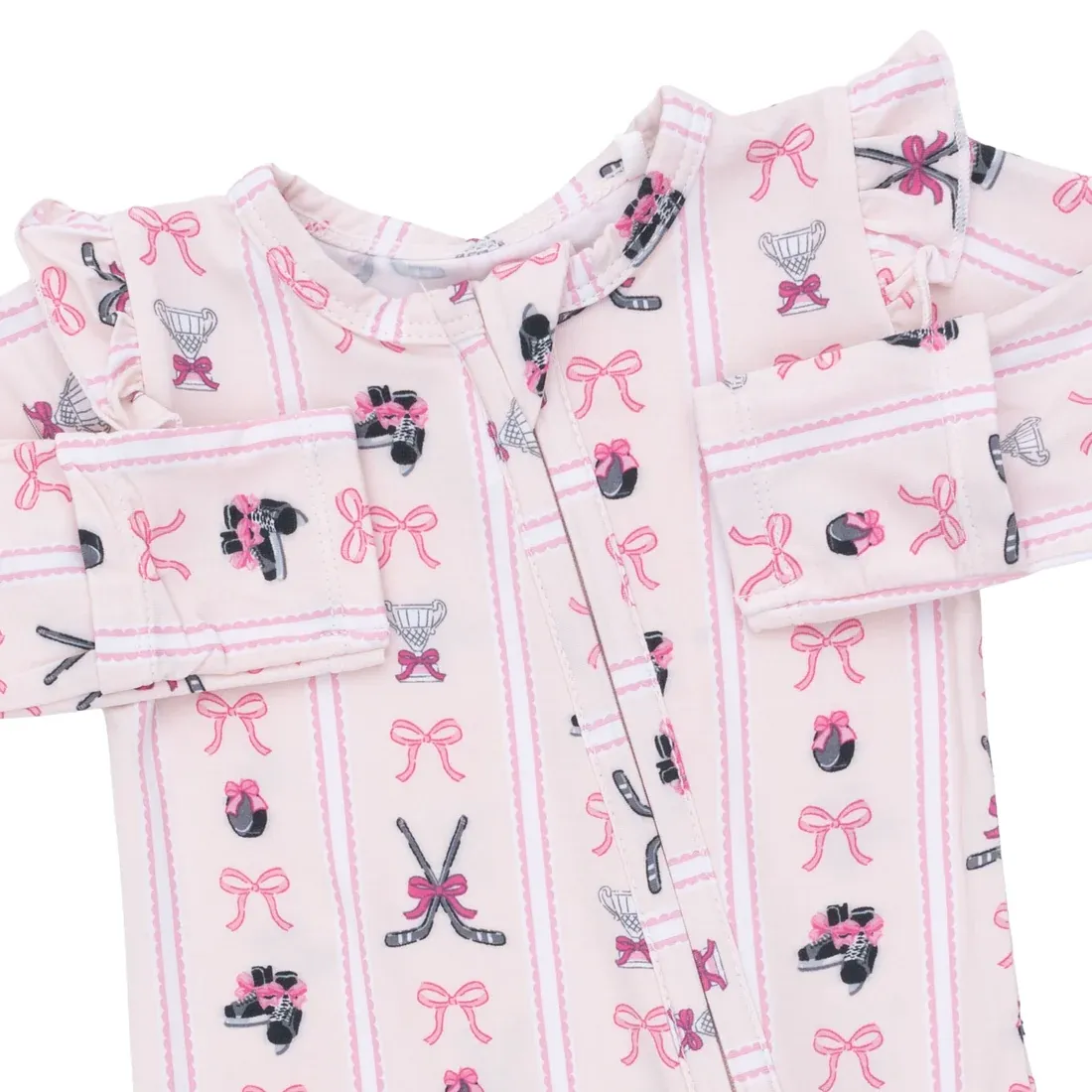 Megan's Bowtiful Hockey Stripe - 2 Way Ruffle Sleeve Zipper Footie, Size: NB