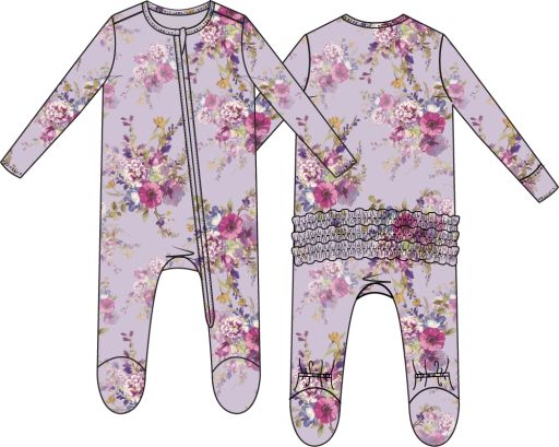 Dahlia Floral - 2 Way Ruffle Back Zipper Footie, Size: NB