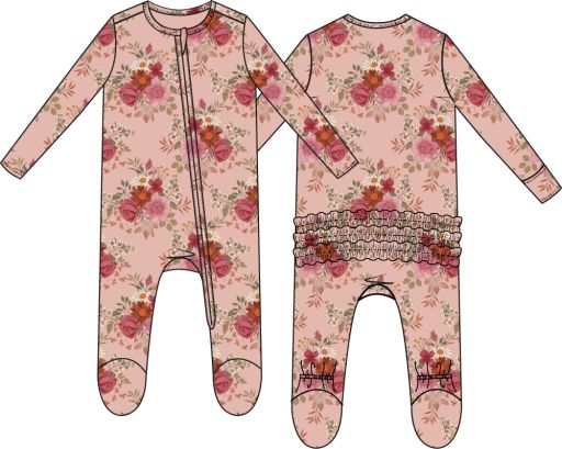 Sabrina Floral - 2 Way Ruffle Back Zipper Footie, Size: NB