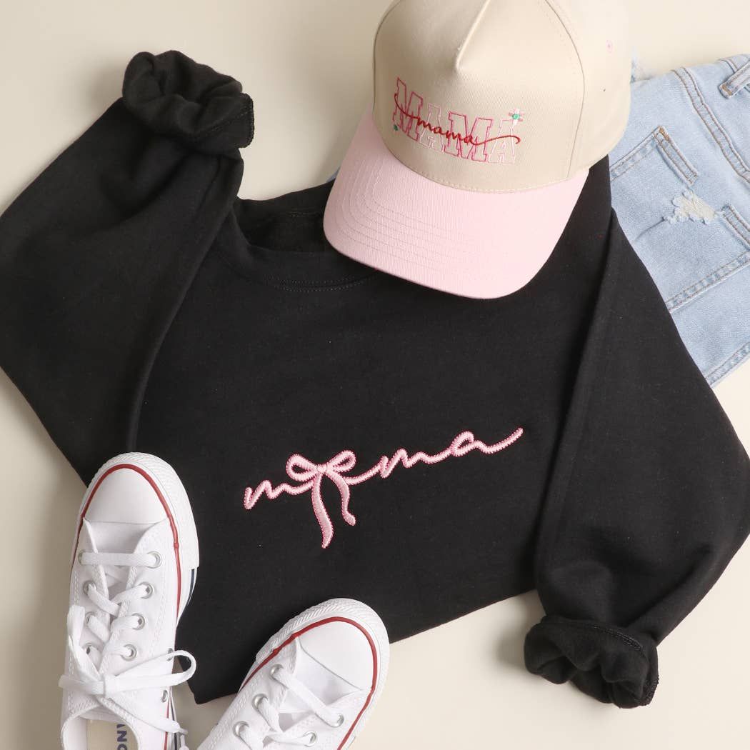MaMa Ribbon Embroidered Heavyweight Sweatshirt: BLACK