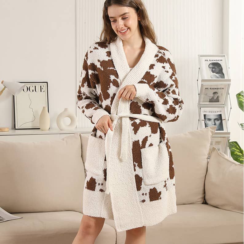 Cow Pattern Soft Robe with Front Pockets : COFFEE / ONE SIZE