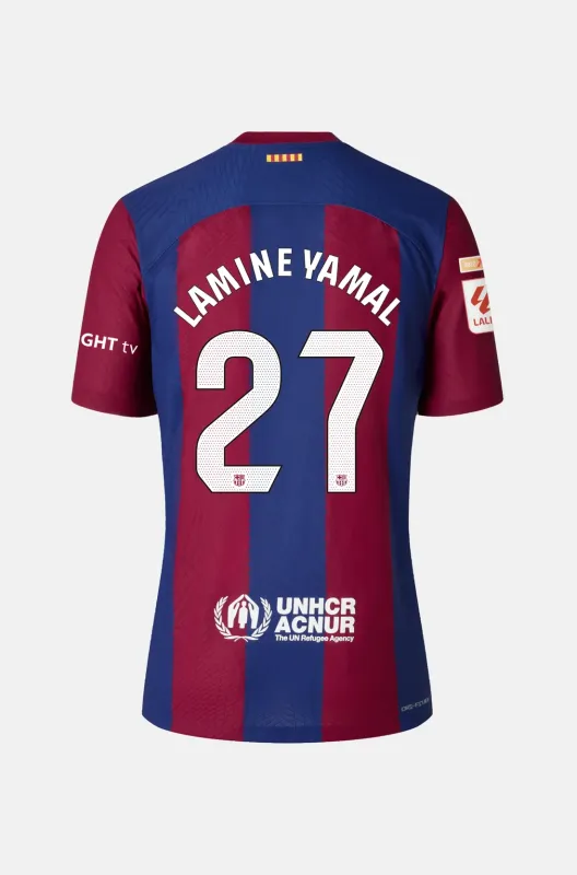 Back View of Lamine Yamal 27 x Karol G Barcelona Home jersey 