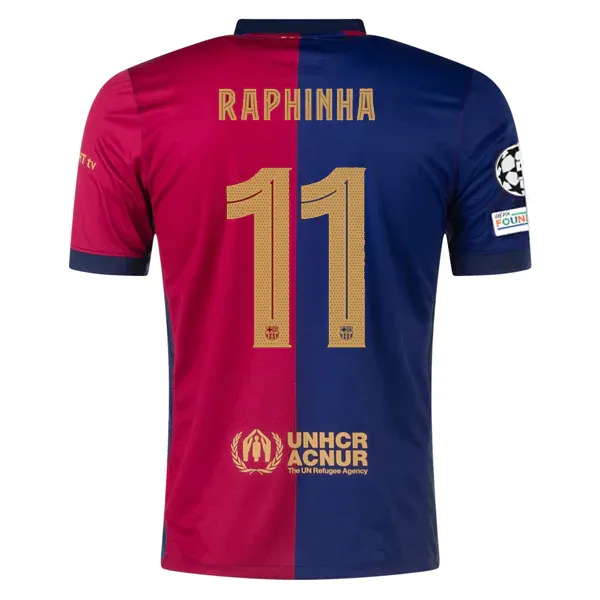 back view of Raphinha 11  Champions League Patches Barcelona Home Jersey