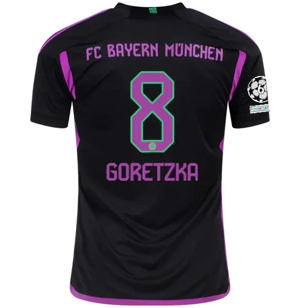 Bayern Munich Leon Goretzka Away Jersey 2023/2024 With Champions League Patches