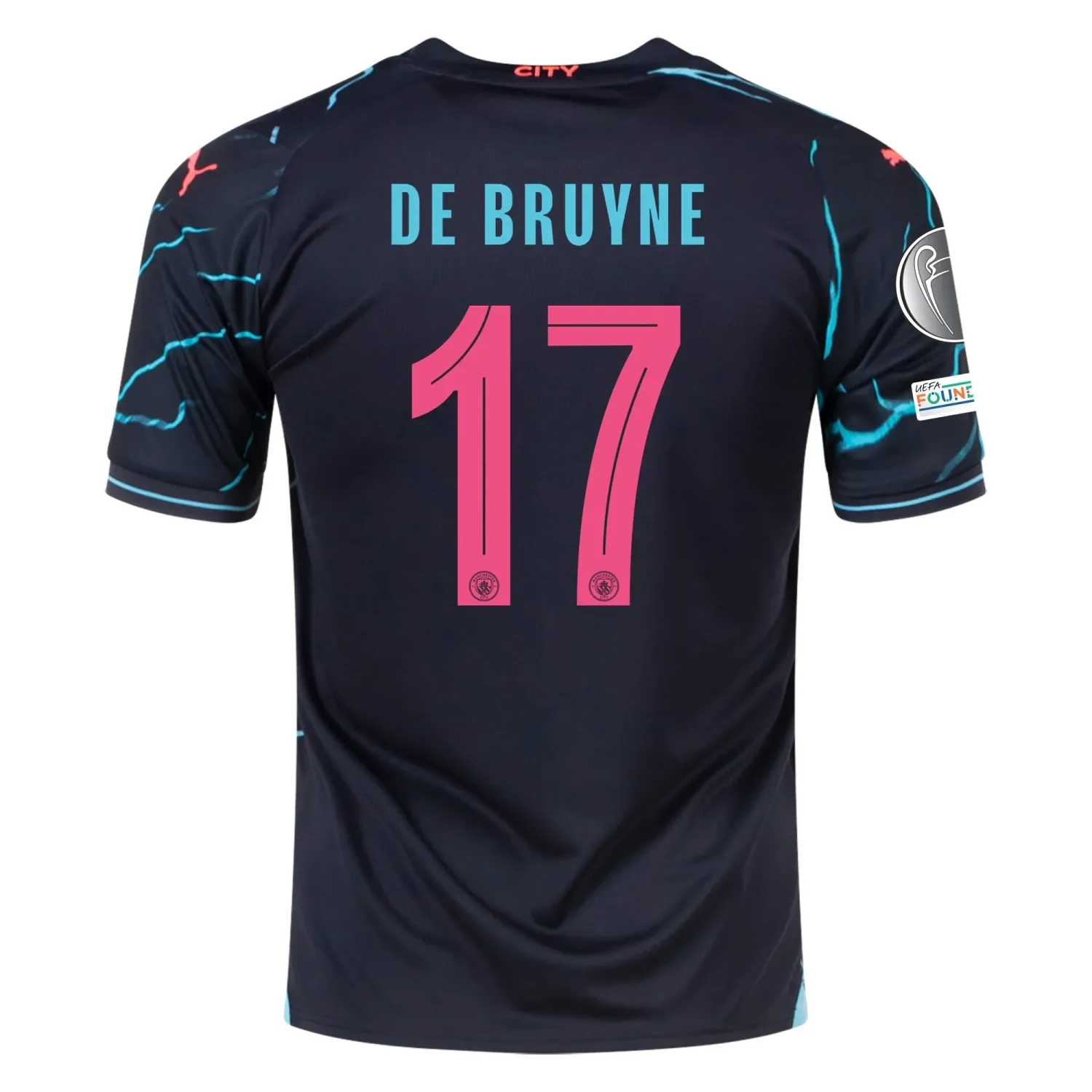 Manchester City Kevin De Bruyne Third Jersey 2023/2024 With Champions League Patches Manchester City Kevin De Bruyne Third Jersey 2023/2024 With Champions League Patches