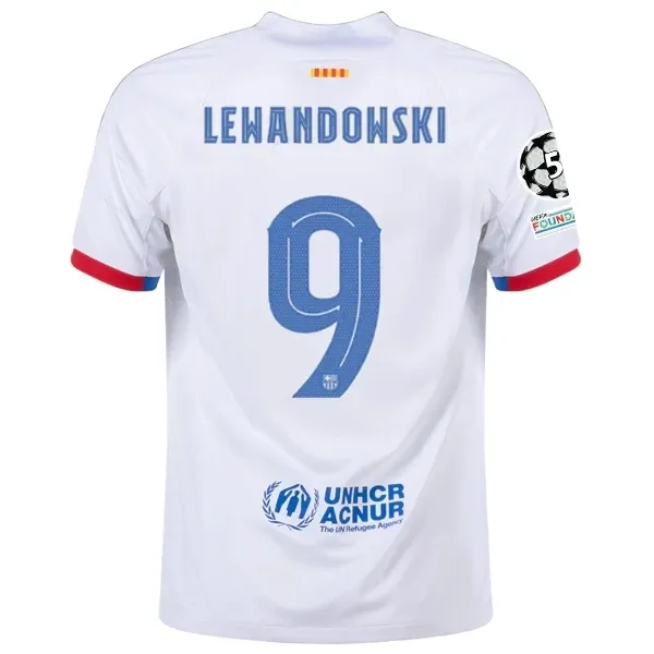 Barcelona Robert Lewandowski Away Jersey 2023/2024 With Champions League Patches