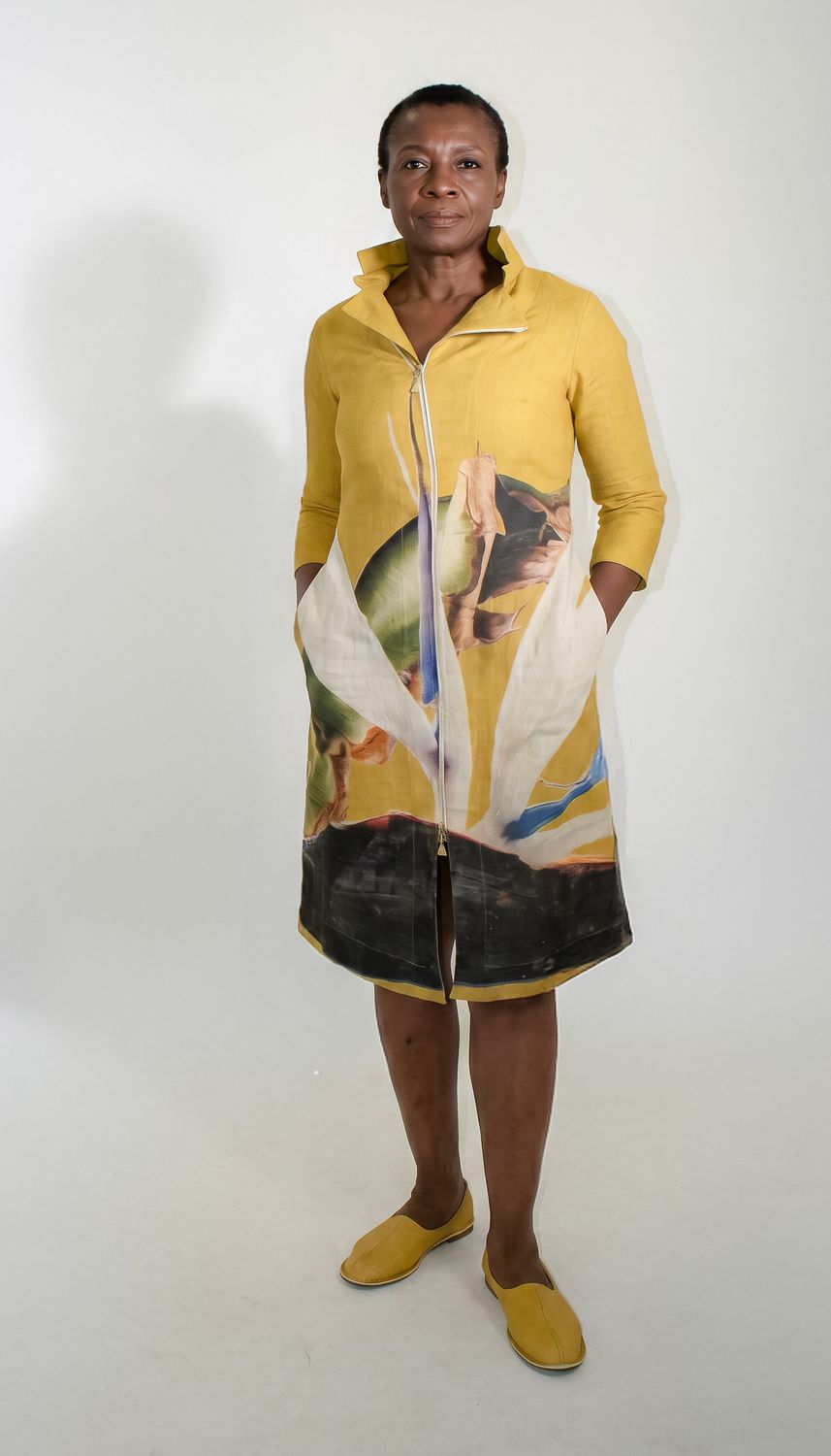 Yoco Dress with big print, Print: Mustard strelitzia with leaf, Size: 0