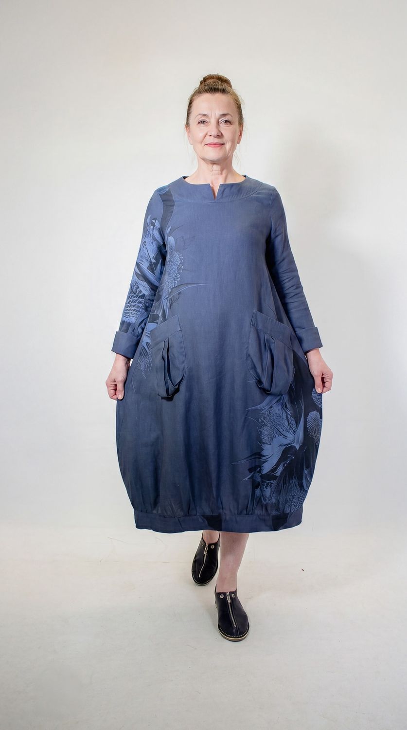 Adelaide Dress | Monotone Print | Linen, Print: Blue/Black, Size: 1