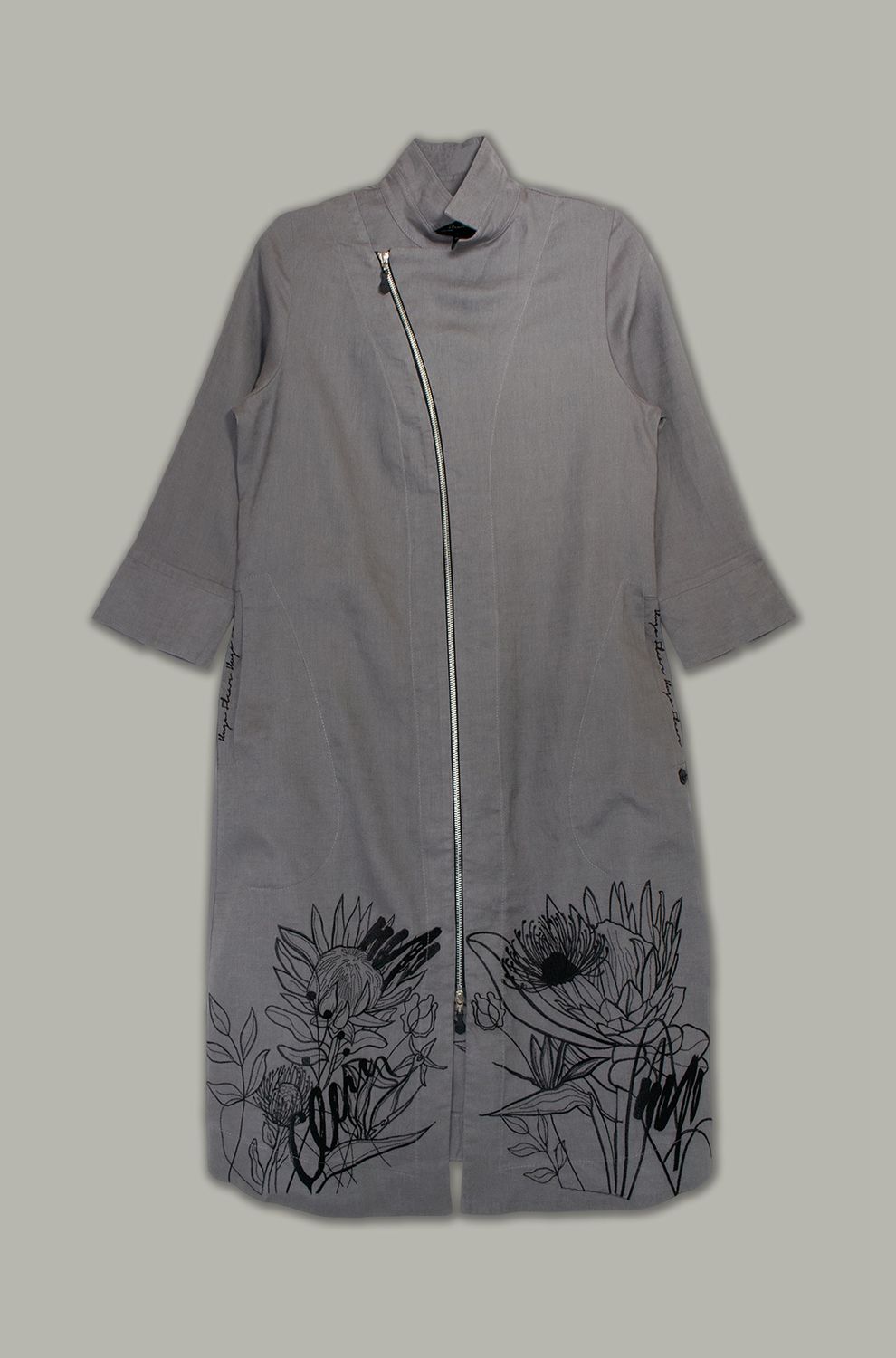 Yoco Dress | Floral Embroidery | Linen, Colour: Grey, Size: 4