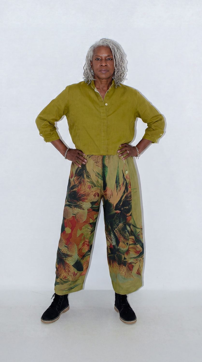 Charmaine Pants | Print | Linen, Print: Chartreuse Strelitzia, Size: 1 | 2