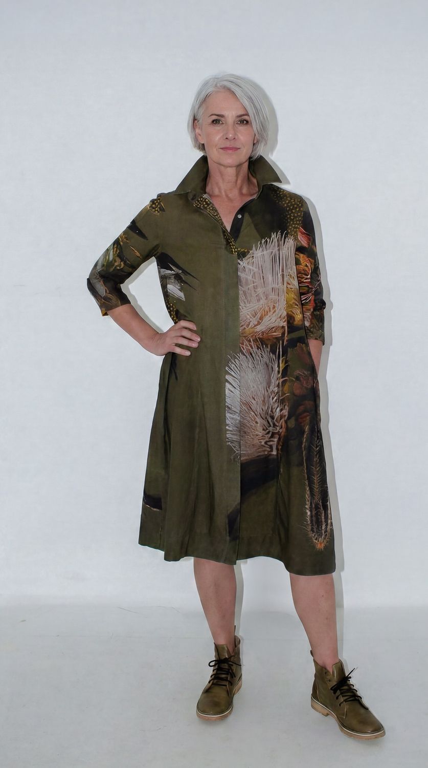 Aida Shirt Dress, Print: Khaki Strelitzia, Size: 0