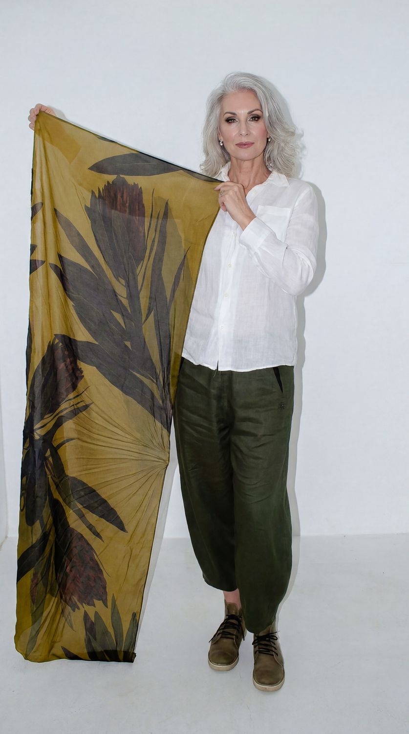 Voile Printed Scarves, Print: Mustard Raspberry protea