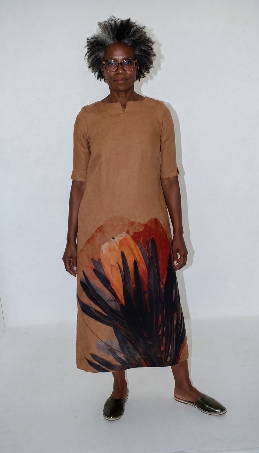 A-Line Dress | Linen, Print: Orange Protea, Size: 1