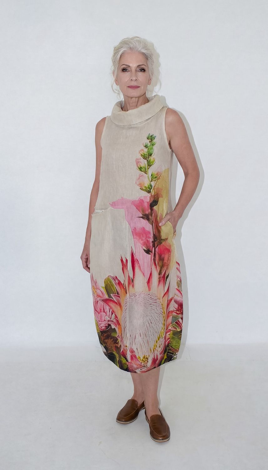 Heleen Dress | Linen, Print: Hand painted protea, Size: 1