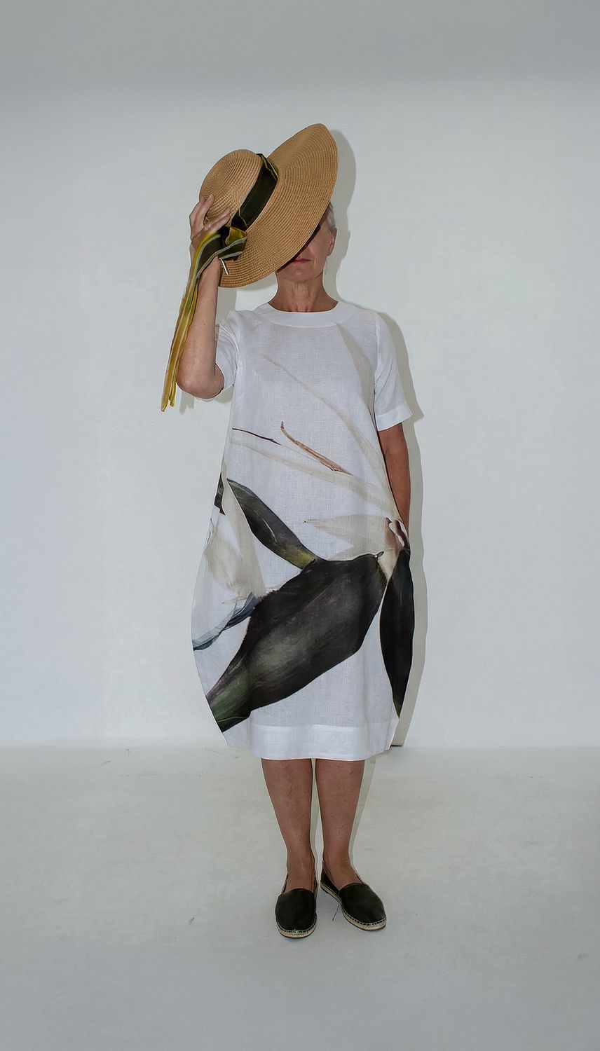 Nella Dress | Linen, Print: Big green strelitzia, Size: 1
