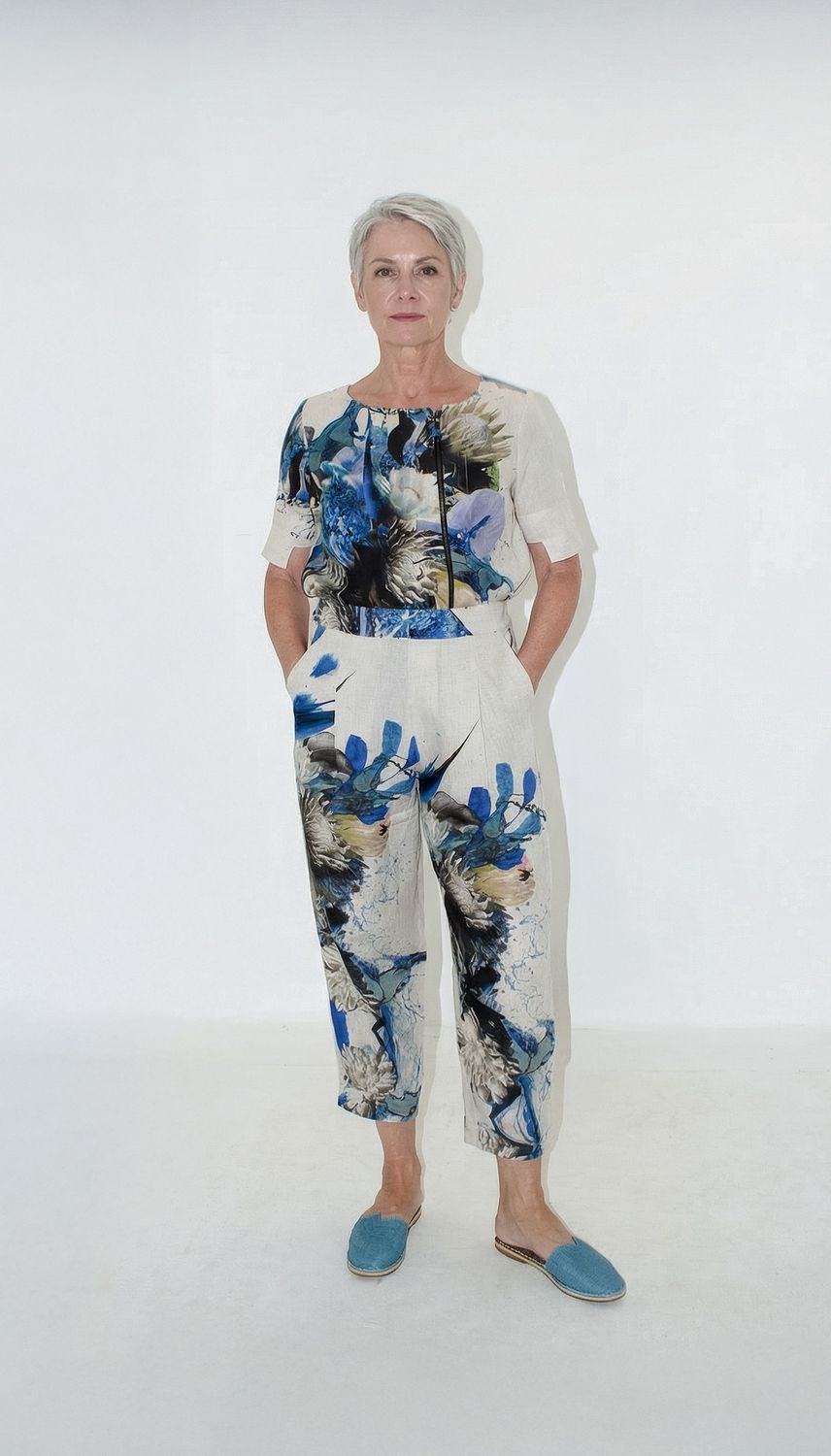 Denise Pants | Linen, Print: Water placement protea, Size: 0