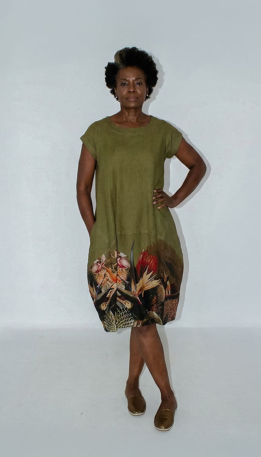 Lucinda Dress | linen, Print: Muddy Strelitzia, Size: 1