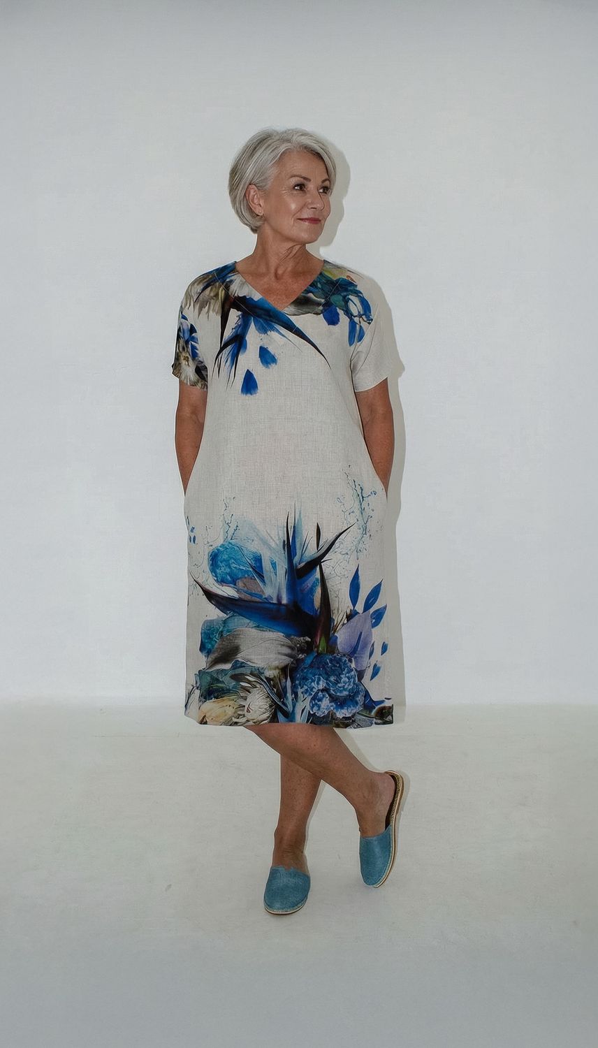 Pamela Dress | Linen, Print: Water Protea, Size: 1