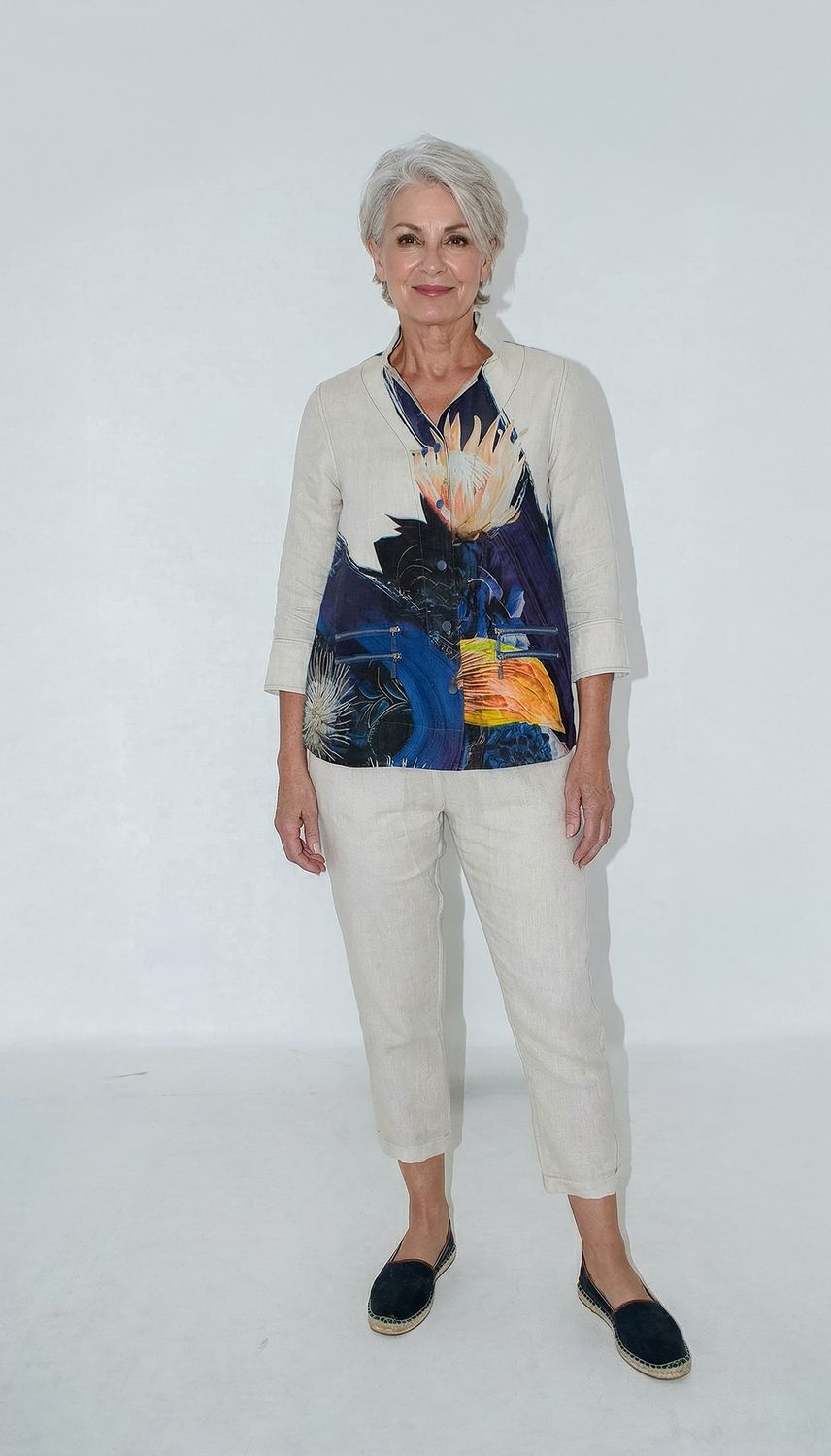 Mia Jacket | Linen, Print: Water leaf, Size: 0