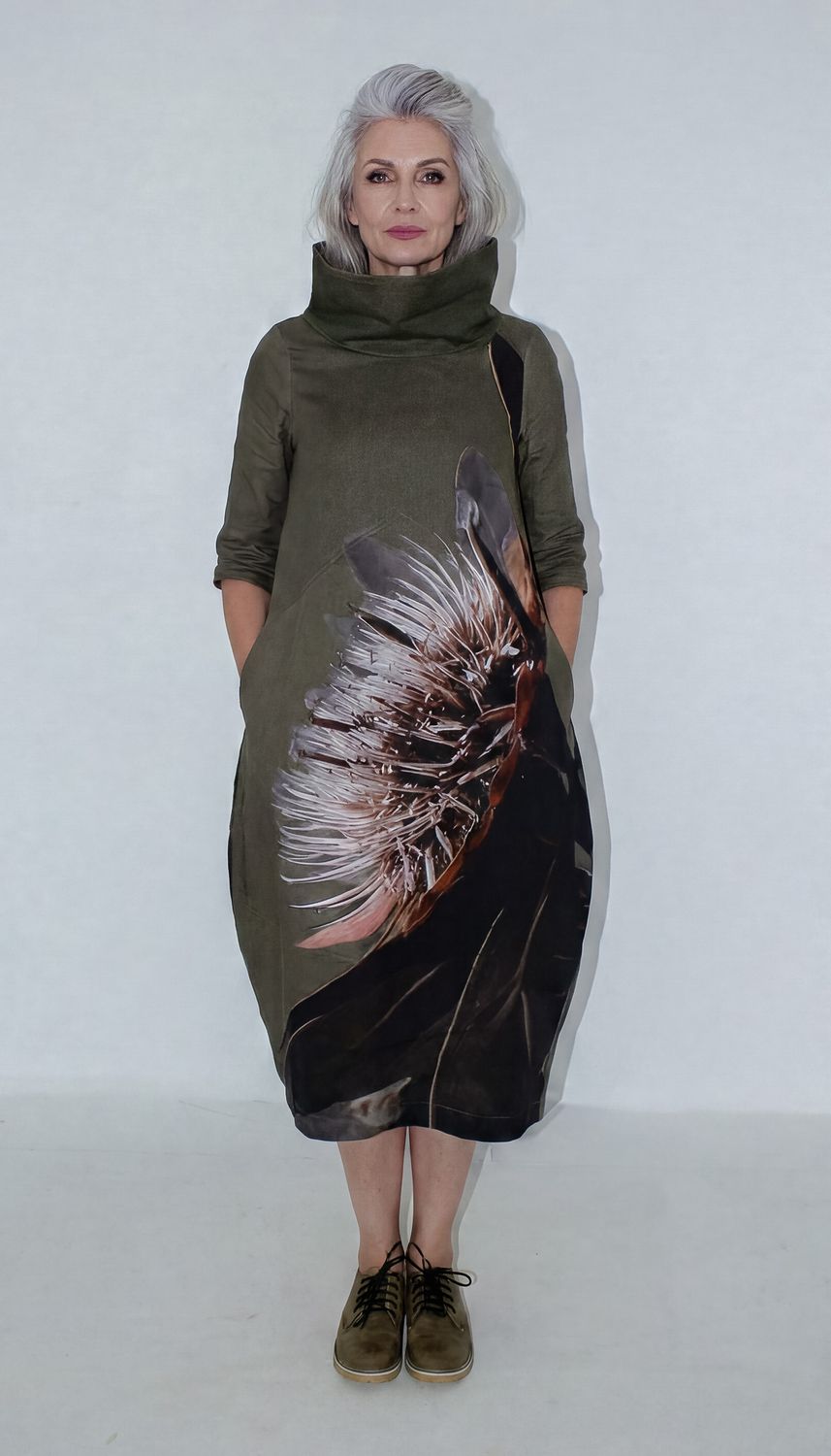 Colette Dress with funnel neck, Print: Wa Boom Protea, Size: 1