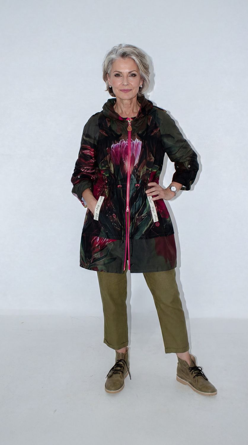 2 Way Parka, Print: Khaki Hand painted Protea, Size: 0