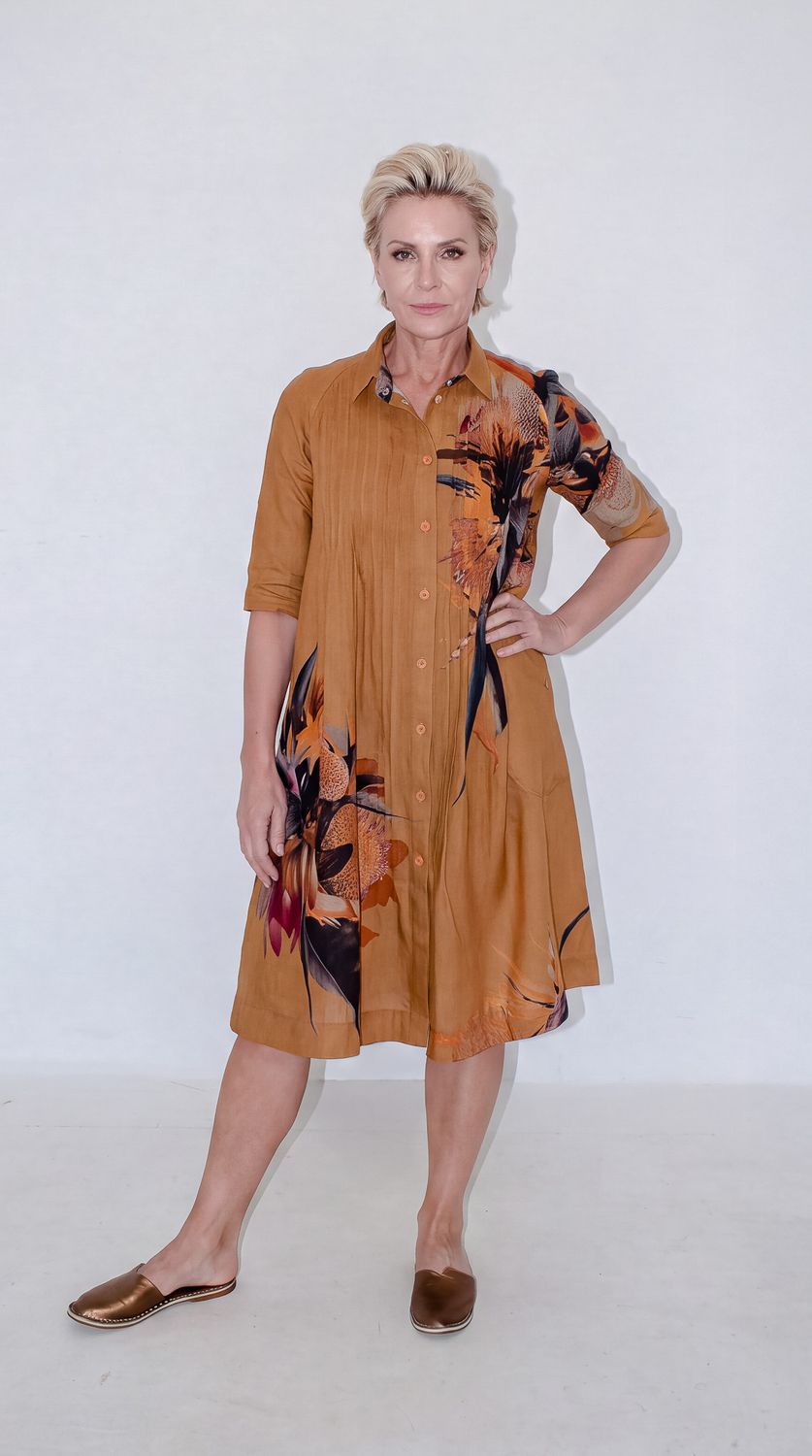 Caroline Dress | Printed linen, Print: Orange Protea, Size: 2