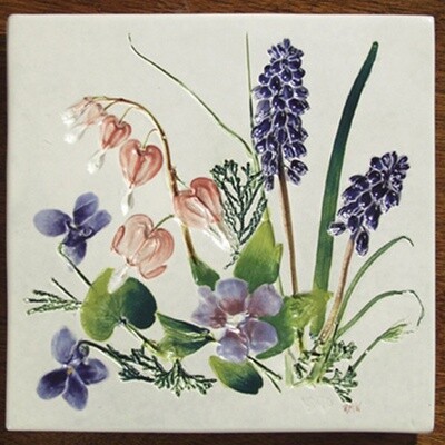 Trivet or Tile 6&quot; Square Bleeding Heart Vinca Grape Hyacinth
