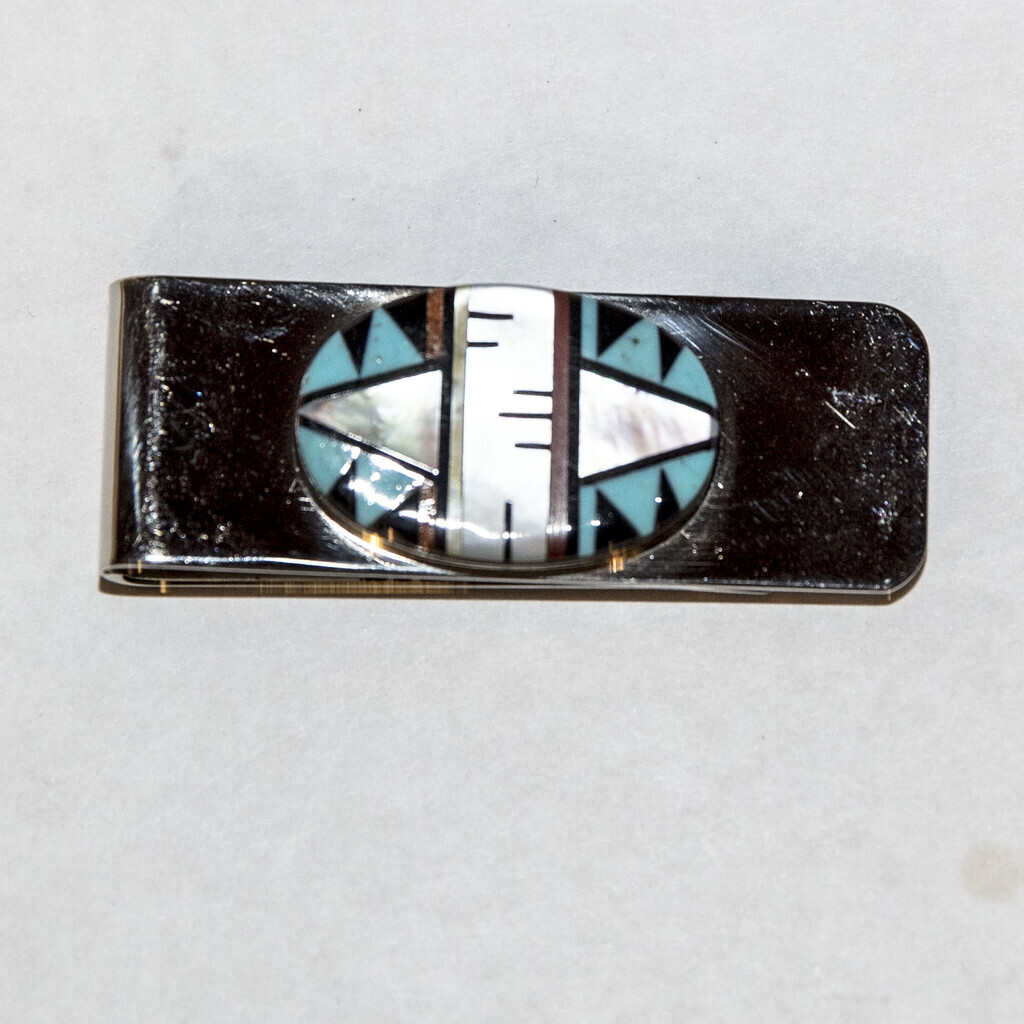 SS.NK OVL INLAID MONEY CLIP W/MOP,TURQ,CORAL &amp; JET-F. LEMENTINO