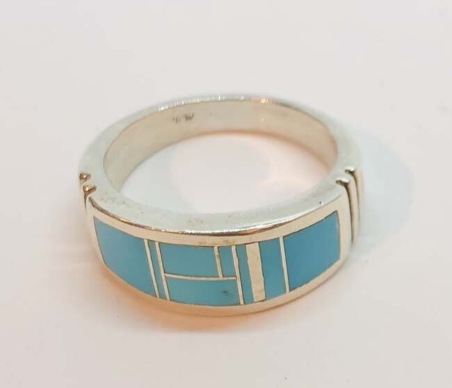 SILVER TURQUOISE INLAY RING NAVAJO-RICK TOLINO SIZE 11