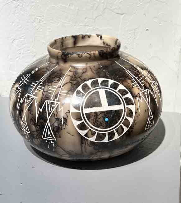 &quot;KACHINA SUN VASE&quot; Horsehair Etched Vase NHP18 7.5x9 Acoma - Gary Yellow Horse