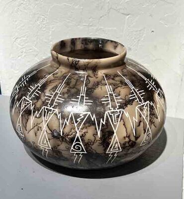 "KACHINA SUN VASE" Horsehair Etched Vase NHP18 7.5x9 Acoma - Gary Yellow Horse