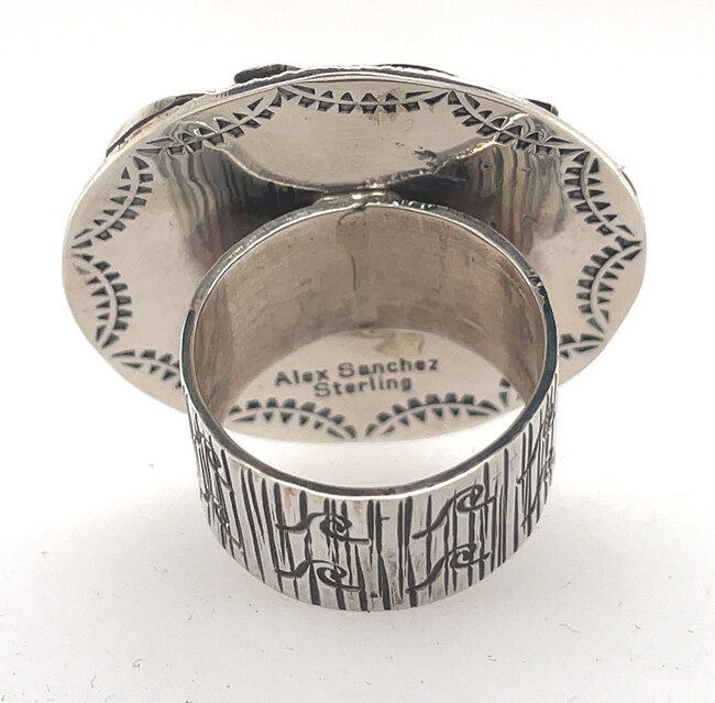SILVER SYMBOL &amp; TURQUOISE RING NAVAJO-ALEX SANCHEZ - SIZE 10