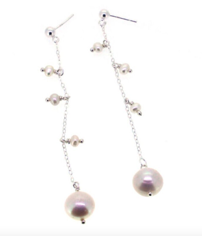 SILVER PEARL &amp; CHAIN DANGLE EARRINGS