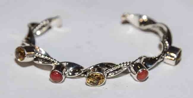 SILVER CORAL &amp; CITRINE  CUFF BRACELET NAVAJO - T. LEWIS