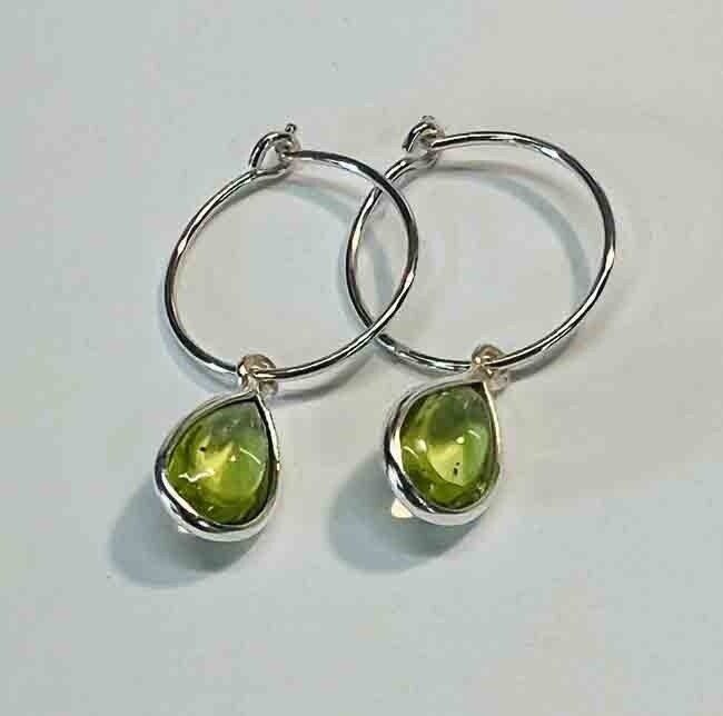 SILVER HOOP PERIDOT TEARDROP EARRINGS