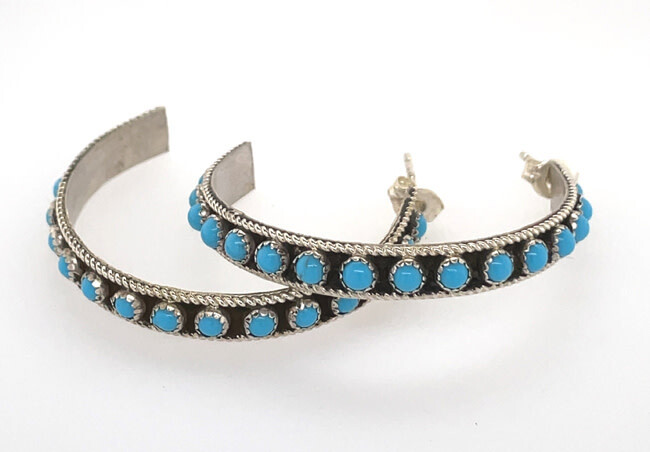 SILVER TURQUOISE HOOP EARRINGS NAVAJO-CHESTER CHARLEY