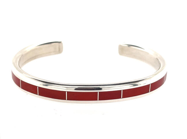 SILVER CORAL INLAY CUFF BRACELET ZUNI-LAWRENCE LORETTA