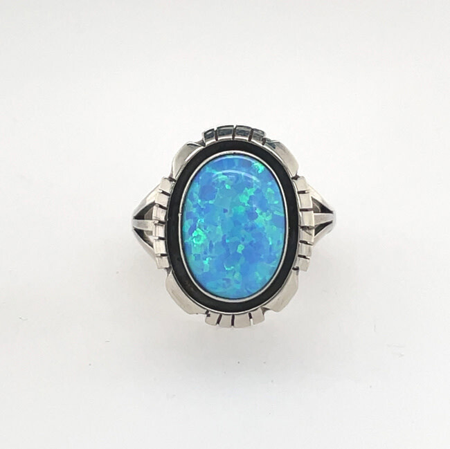 SILVER OPAL RING NAVAJO-AMOS BEGAY - SIZE 8.5