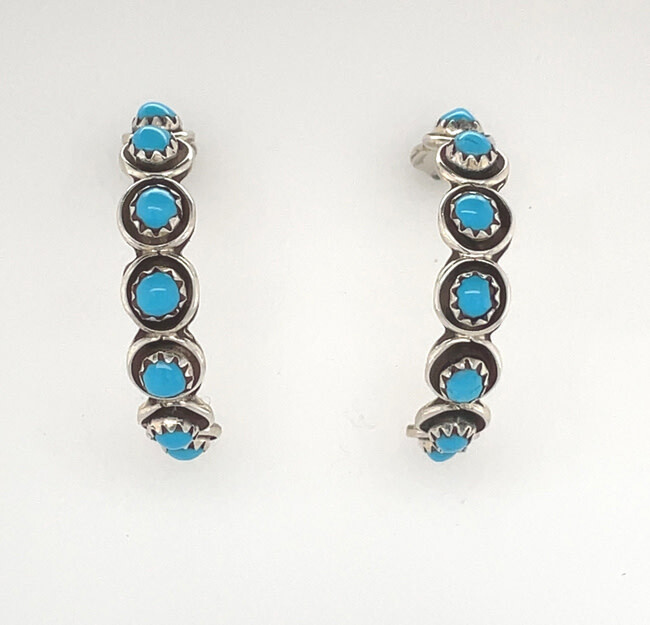 SILVER TURQUOISE HOOP EARRINGS ZUNI-FLORENDA LONASEE