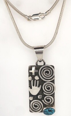 SILVER TURQUOISE &amp; SYMBOLS PENDANT NAVAJO-ALEX SANCHEZ