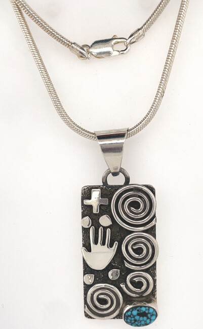 SILVER TURQUOISE &amp; SYMBOLS PENDANT NAVAJO-ALEX SANCHEZ