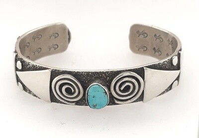 SILVER SYMBOL &amp; TURQUOISE CUFF BRACELET NAVAJO-ALEX SANCHEZ