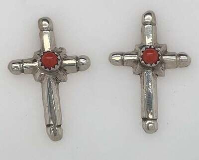 SILVER CORAL CROSS STUD EARRINGS NAVAJO-RB