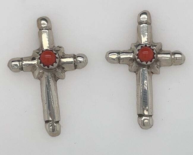 SILVER CORAL CROSS STUD EARRINGS NAVAJO-RB