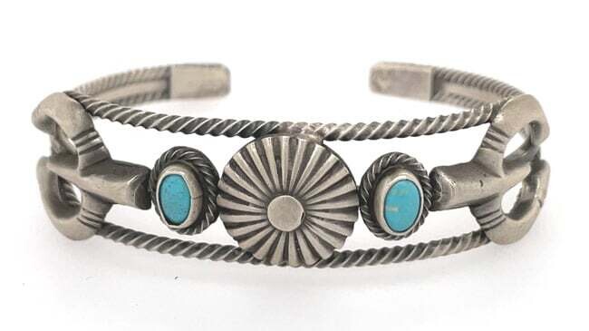 SILVER BRUSHED TURQUOISE CUFF BRACELET NAVAJO - BOBBY PLATERO