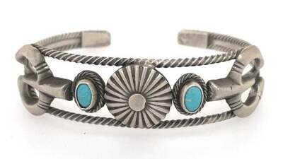 SILVER BRUSHED TURQUOISE CUFF BRACELET NAVAJO - BOBBY PLATERO